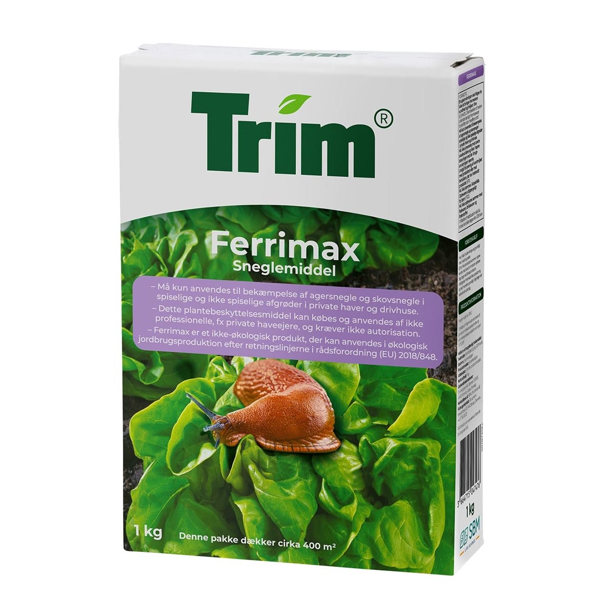 Trim Ferrimax sneglemiddel 1 kg - jernfosfat granulat til økologisk bekæmpelse af snegle i køkkenhave Produktbillede af Trim Ferrimax sneglemiddel 1 kg emballage vist på salatblade med en snegl; jernfosfat-baseret granulat til sikker og effektiv bekæmpelse af snegle i haver, køkkenhaver og drivhuse