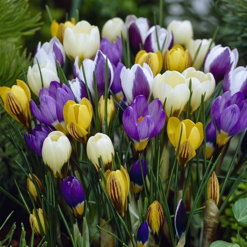 Botanisk blanding af krokusløg (15 løg) fra Sperli i hvide, gule og violette farver, tidligt blomstrende klaser på ca. 8–10 cm, ideel til bede, græsplæne, plantekasser og altan, tiltrækker tidlige humlebier og insekter