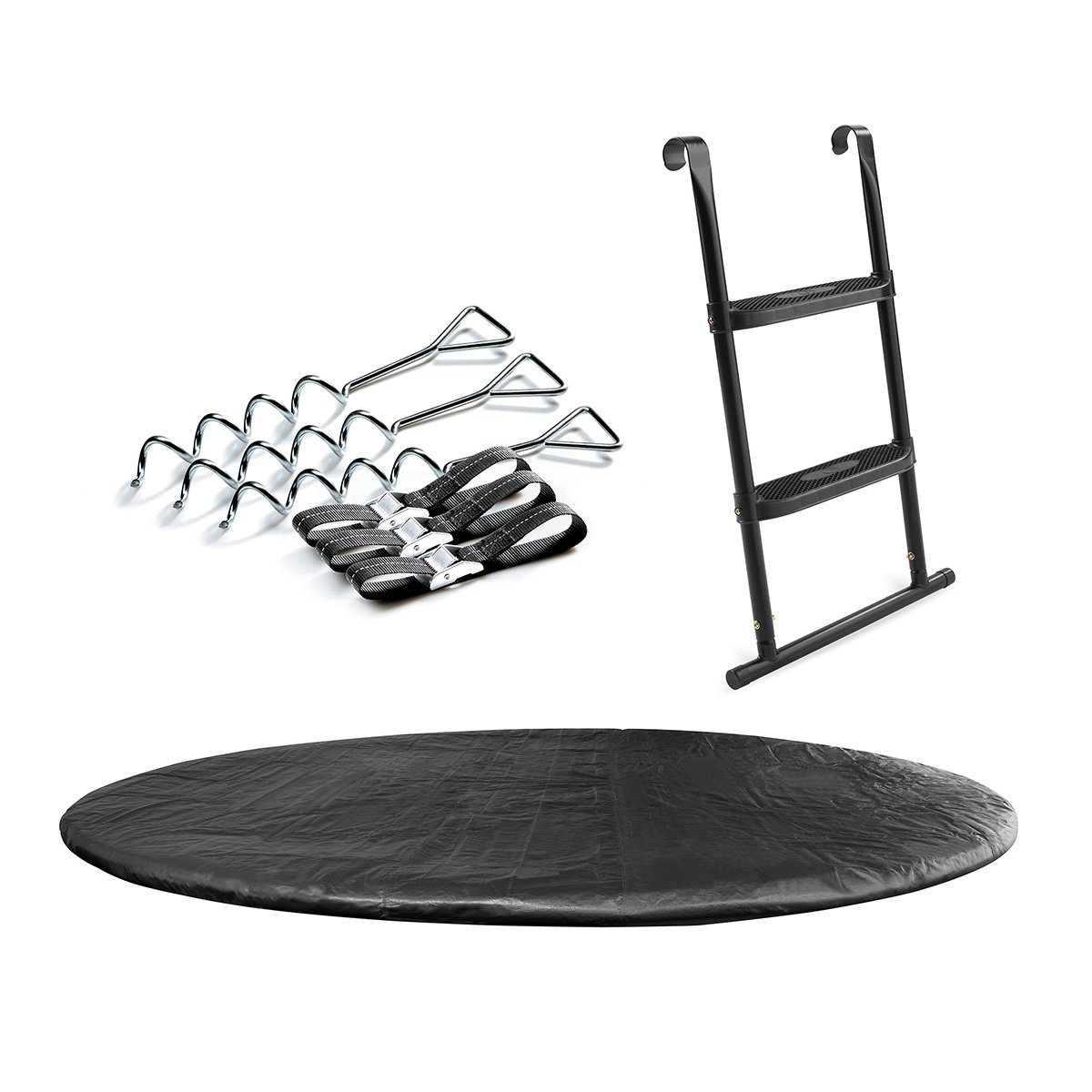 Komplet sæt til Ø251 cm trampolin: sort overtræk, sort stige med 2 trin og 6 galvaniserede jordankre med remme til sikker forankring