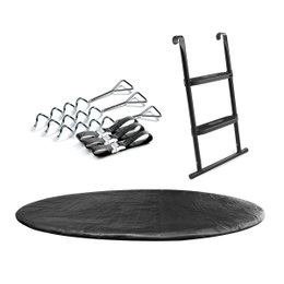 Overtræk, stige og forankring til Ø251 cm trampolin – sort beskyttelsesovertræk, sikker stige og jordankre Komplet sæt til Ø251 cm trampolin: sort overtræk, sort stige med 2 trin og 6 galvaniserede jordankre med remme til sikker forankring