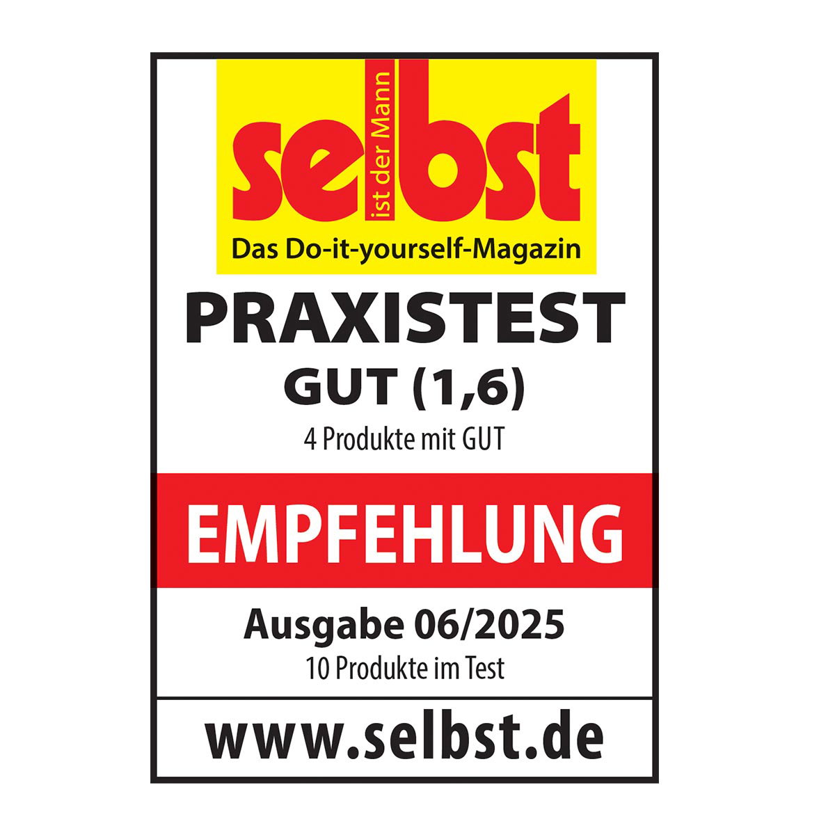 Freund Ukrudtsfjerner – anbefaling fra ‚selbst‘ magasin (Praktisk test GUT 1,6) | Freund Victoria Testsegl fra ‚selbst‘ magasin: PRAXISTEST GUT (1,6) – ANBEFALING, Ausgabe 06/2025. Certifikatbillede der viser testresultat og anbefaling for Freund Ukrudtsfjerner fra producenten Freund Victoria