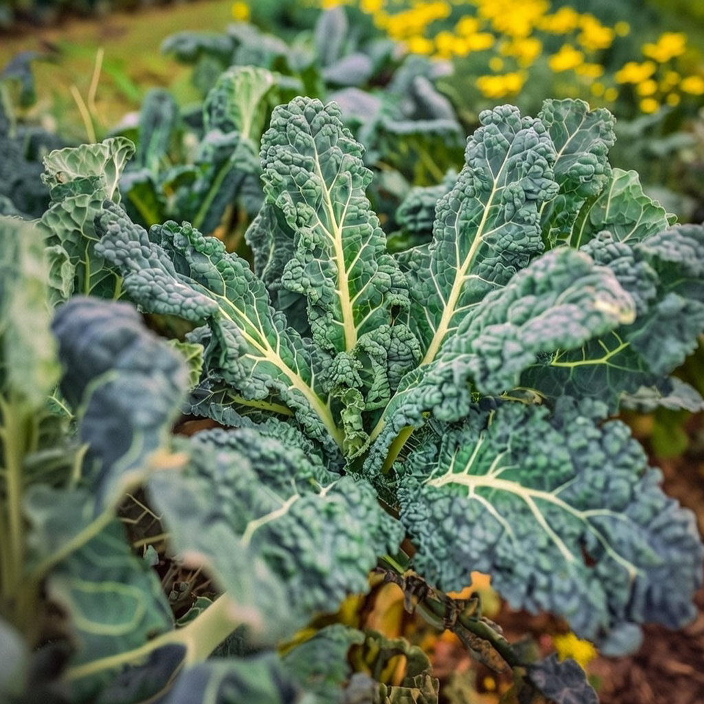 Palmekål (Nero di Toscana) med lange mørkegrønne, krusede blade i køkkenhave – økologiske frø 0,5 g, ideel til salater, stuvning og supper, såtid april-juli, høst september-november.