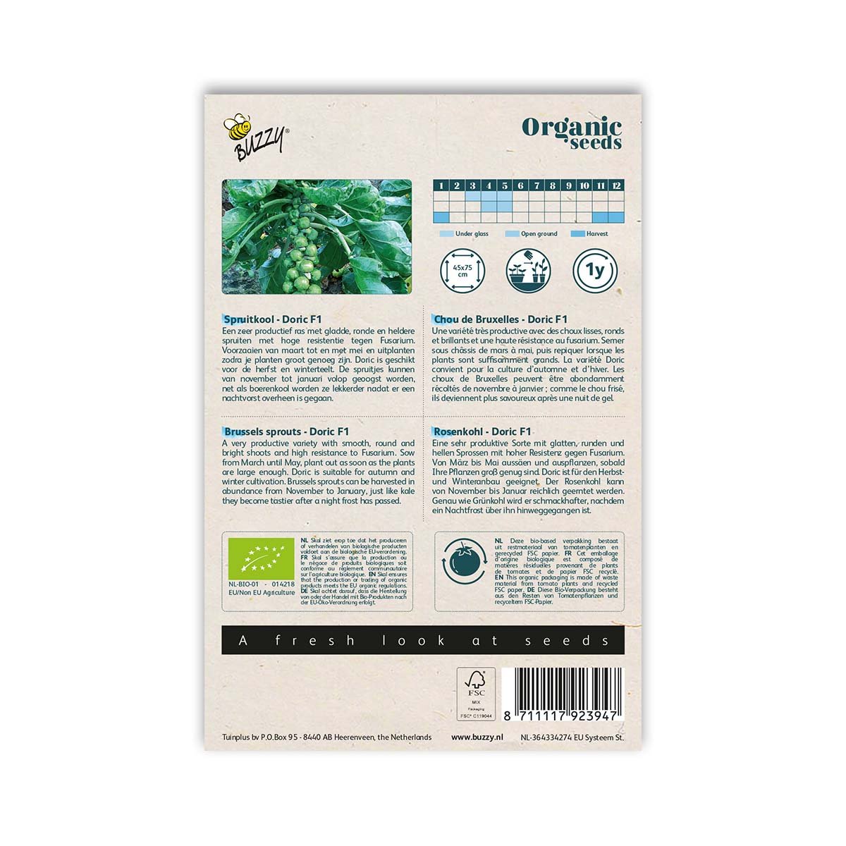 Buzzy Organic Seeds Rosenkål Doric F1 frøpose bagside