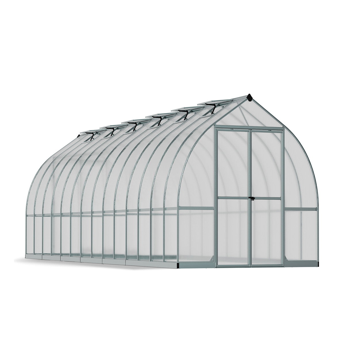 Drivhus Bella 20,6 m² sølv fra Palram Canopia; klokkeformet design med høj indgang, rustfri aluminiumramme, dobbeltvæggede polycarbonatpaneler og brede dobbeltdøre
