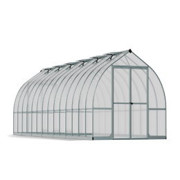 Drivhus Bella 20,6 m² sølv - Palram Canopia, klokkeformet med aluminiumramme og dobbeltvæggede polycarbonatpaneler Drivhus Bella 20,6 m² sølv fra Palram Canopia; klokkeformet design med høj indgang, rustfri aluminiumramme, dobbeltvæggede polycarbonatpaneler og brede dobbeltdøre