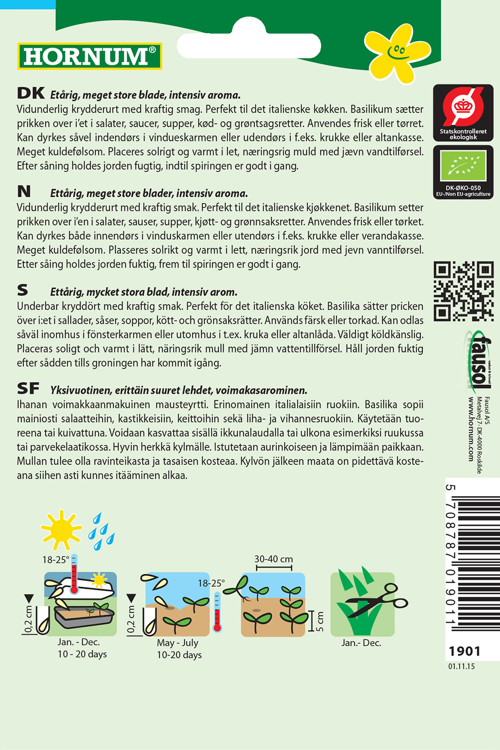 Hornum økologiske basilikumfrø, dyrkningsvejledning Bagside af Hornum frøpose med instruktioner til basilikum
