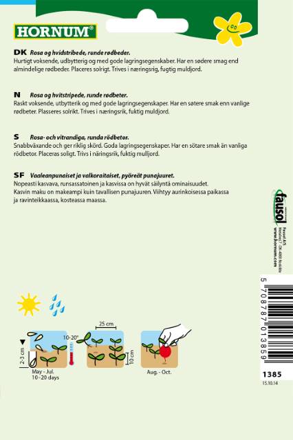 Bagside af Hornum frøpose til rosa og hvidstribede rødbeder