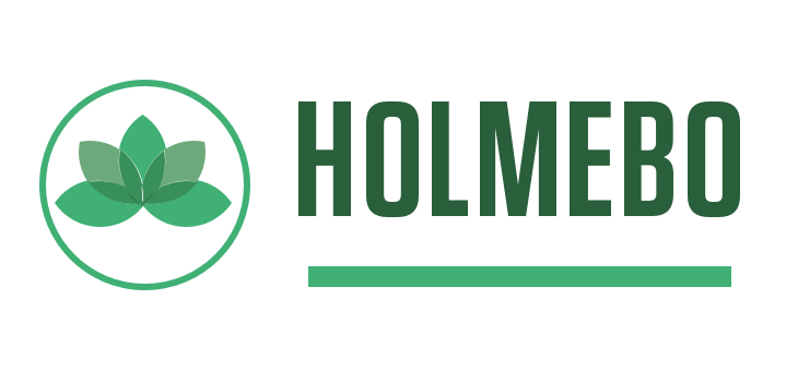Holmebo logo — grøn lotus i cirkel med firmatekst og grøn streg Holmebo logo: grøn lotusblomst i cirkel til venstre, stort firmanavn 'HOLMEBO' og en horisontal grøn streg