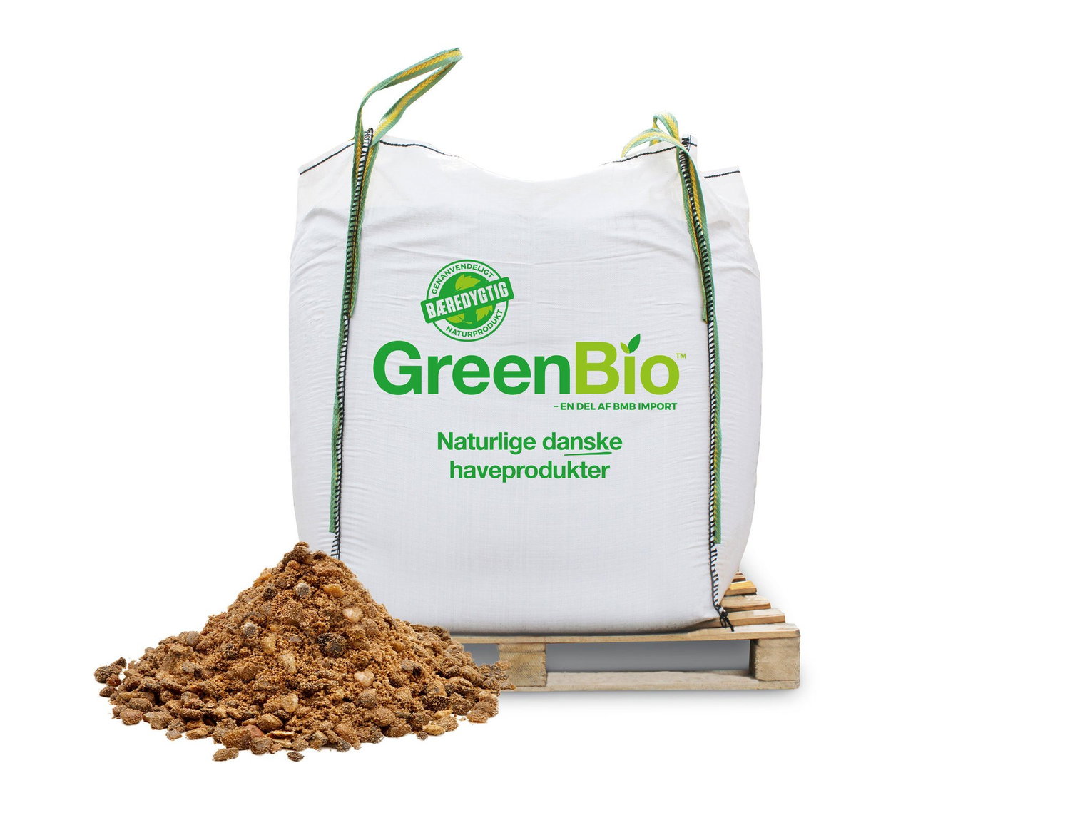 GreenBio naturlig gødning i bigbag med jordbunke foran