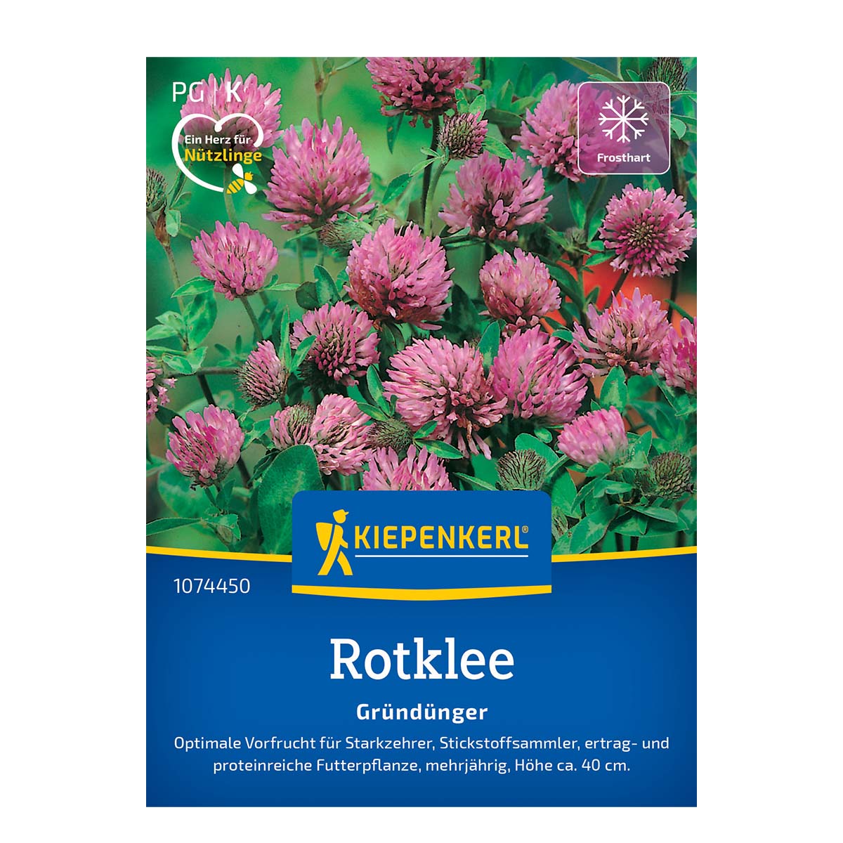 Foto af frøpakke med rødkløver (20 m2) fra Kiepenkerl med rosa kløverblomster; velegnet som grøngødning, proteinrig foderplante og tiltrækker bier og andre bestøvere
