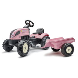 Lyserød pedaltraktor til børn med trailer Lyserød legetøjspedaltraktor med aftagelig trailer