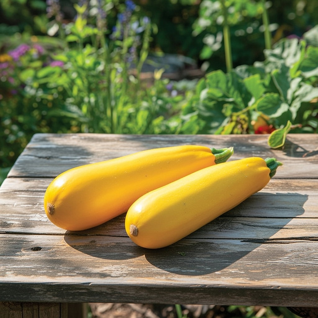 To gule, aflange Yellowfin F1-squash på et træbord i en have. Økologisk sort fra Buzzy Organic, velsmagende og alsidig til salater, grill, stegning eller bagning.
