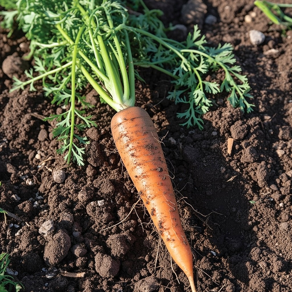 Lang orange gulerod (Caravel F1) trukket op af mulden med grøn top; økologisk gulerodsfrø fra Buzzy Organic. Tip: så i riller 1–2 cm, hold jorden fugtig under spiring og fri for ukrudt efter etablering.