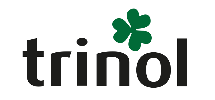 Trinol-logo med grønt firkløver Trinol-logo: sort tekst med grønt firkløver placeret over bogstavet o