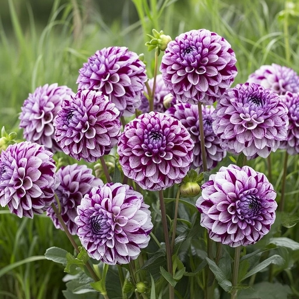 Nærbillede af Dahlia Marble Ball med tætte, kugleformede lilla og hvide blomster; 1 løg fra Florex, bliver omkring 80 cm høj, blomstrer juli–oktober og egner sig til bede og buketter