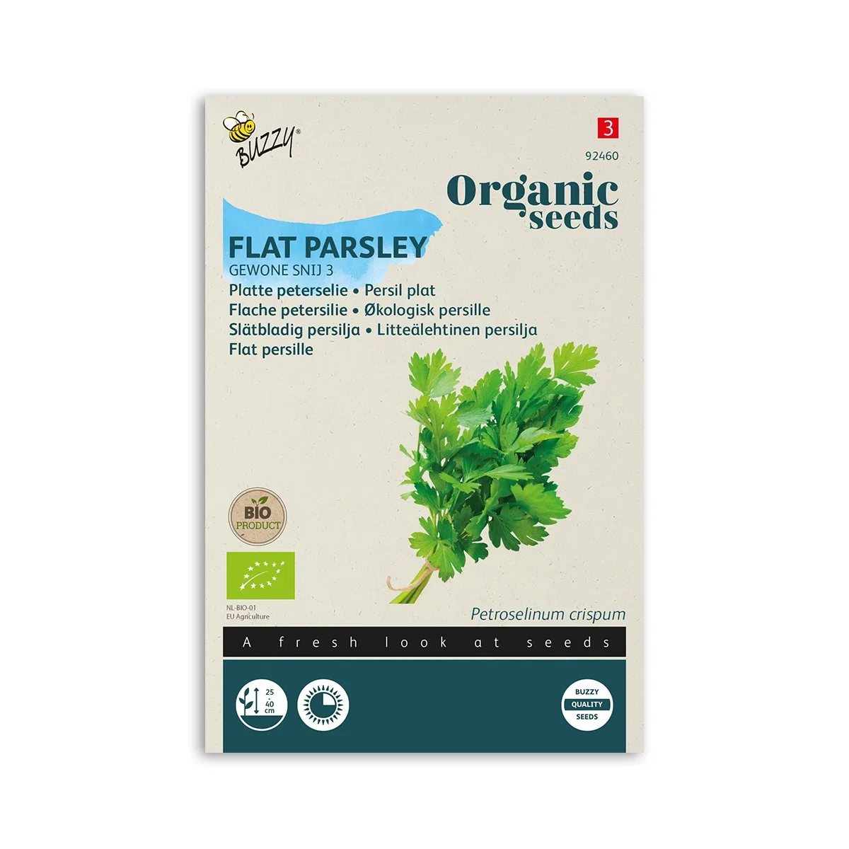 Økologisk bredbladet persille - Buzzy Organic frø til krydderurter, mild og aromatisk, velegnet til krukker og bed Pakke med Økologisk bredbladet persille frø fra Buzzy Organic, brede flade blade, mild aromatisk smag, nem at dyrke i krukker eller bed, perfekt til kolde og varme retter
