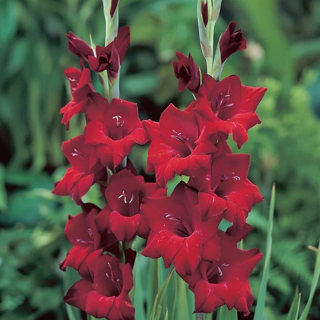 Gladiolus 'Black Star' - dybrøde blomsteraks fra Florex. Pakke med 6 løg, blomstrer juli–september, 80–100 cm høj, velegnet i solrig, veldrænet jord og som snitblomst.