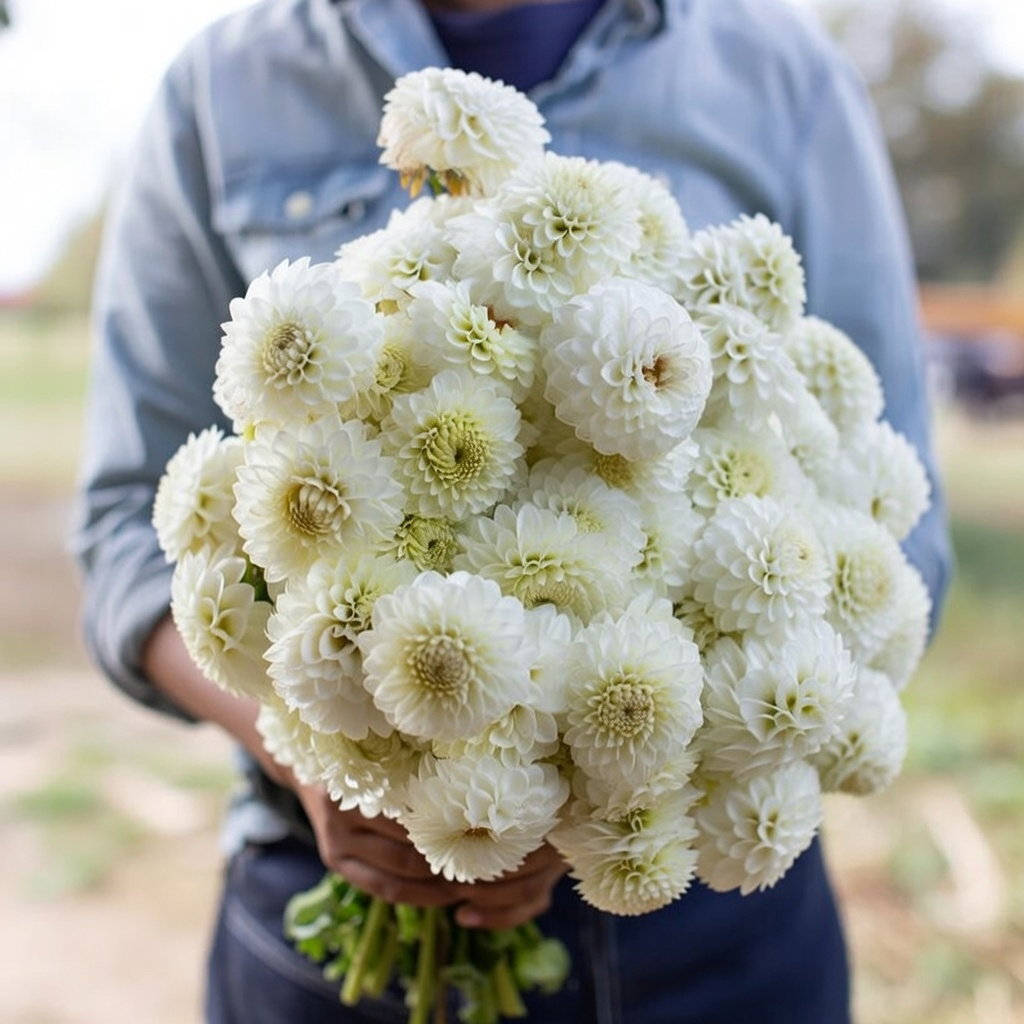 Buket med hvide Snowflake Pompon dahliaer (Dahlia 'Snowflake Pompon') holdt af en person i haven, kompakte pomponblomster velegnet til have og snitblomster. Produkt: 1 løg fra Florex.