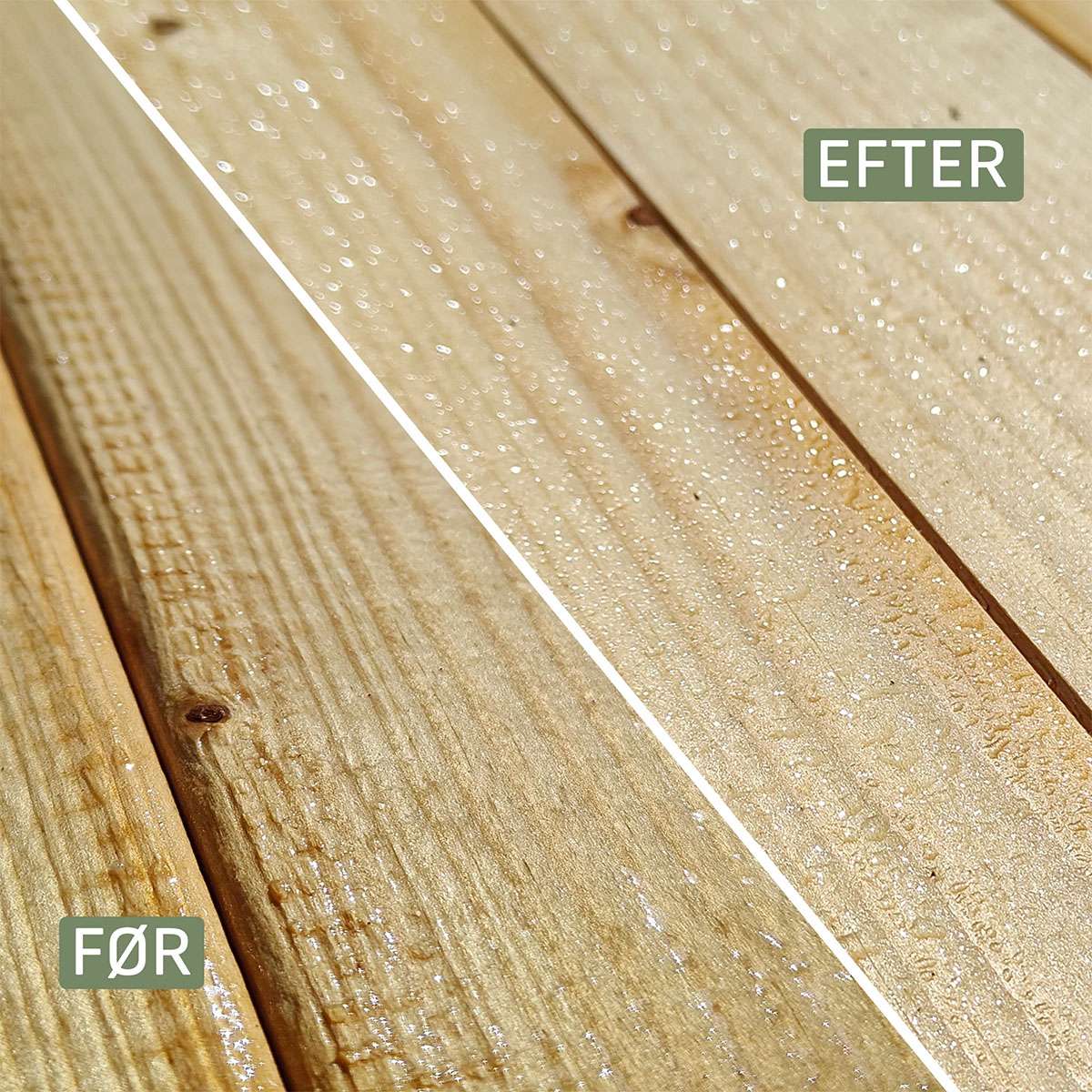 Terrassebrædder før og efter træbeskyttelse Nærbillede af terrassebrædder før og efter behandling