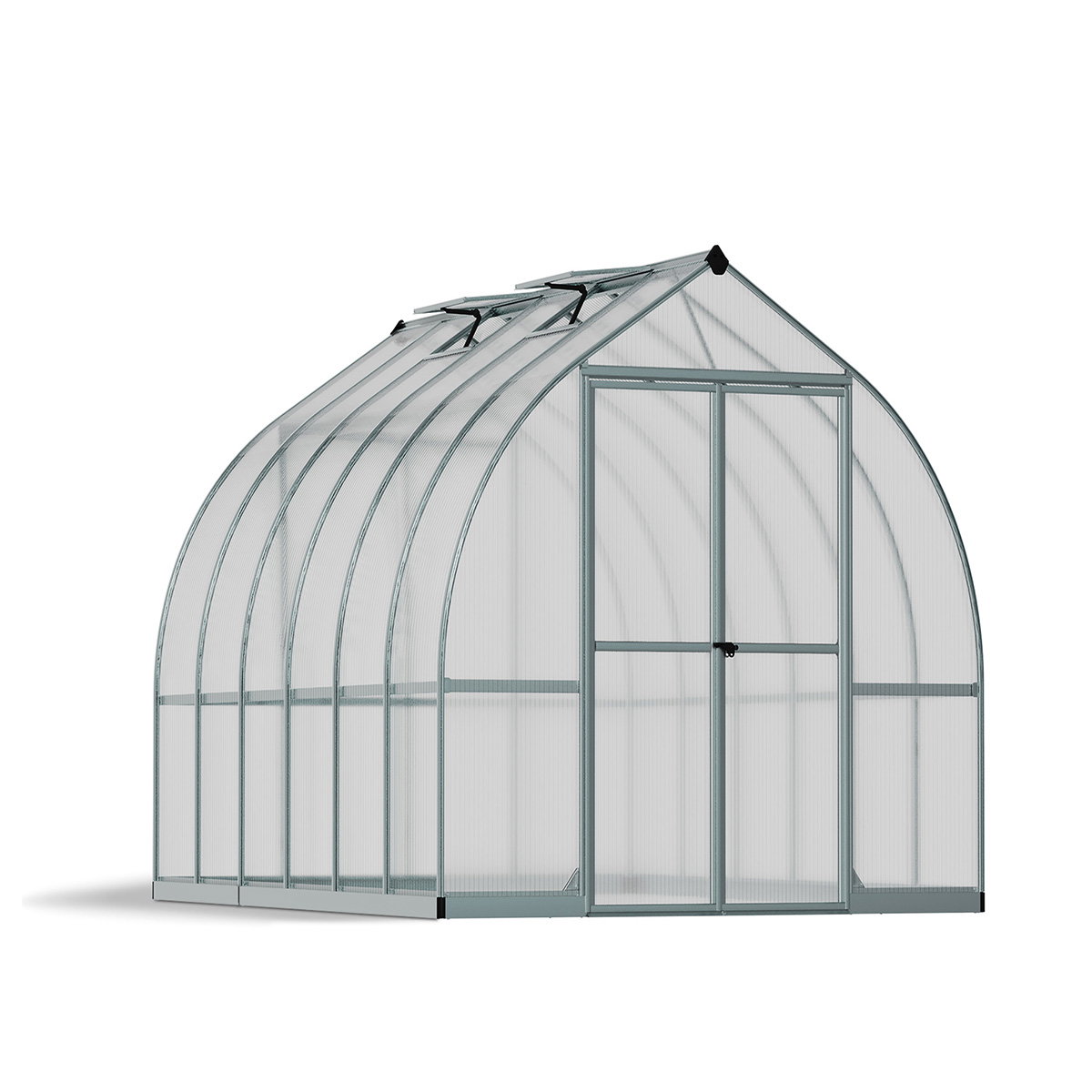 Drivhus Bella 9 m² i sølv fra Palram - Canopia, klokkeformet design med stærk aluminiumramme, dobbeltvæggede UV-beskyttede polycarbonatpaneler og galvaniseret stålbase. Bred indgang og god ventilation.