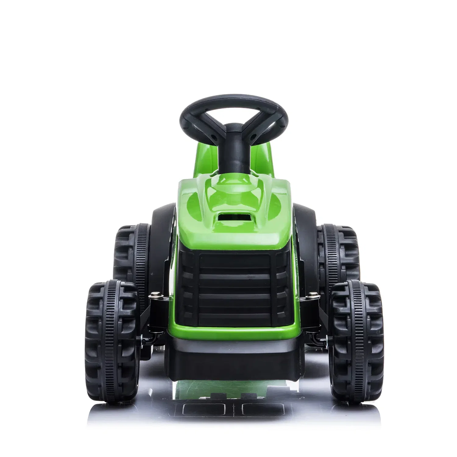 Eltraktor med trailer til børn – NORDIC PLAY Speed grøn, 1 x 7,4V motor, til 2-6 år Frontfoto af grøn eltraktor til børn fra NORDIC PLAY Speed med rat og robuste hjul - batteridrevet 1 x 7,4V motor, fremad- og bakgear, ideel til 2-6 år, maks. brugervægt 25 kg