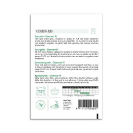 Zucchini frø Diamant F1 Cucurbita pepo Bagside af pose med Zucchini Diamant F1 frø
