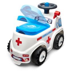 Løbecykel ambulance til børn med rat Hvid legetøjsambulance løbecykel med blå sæde