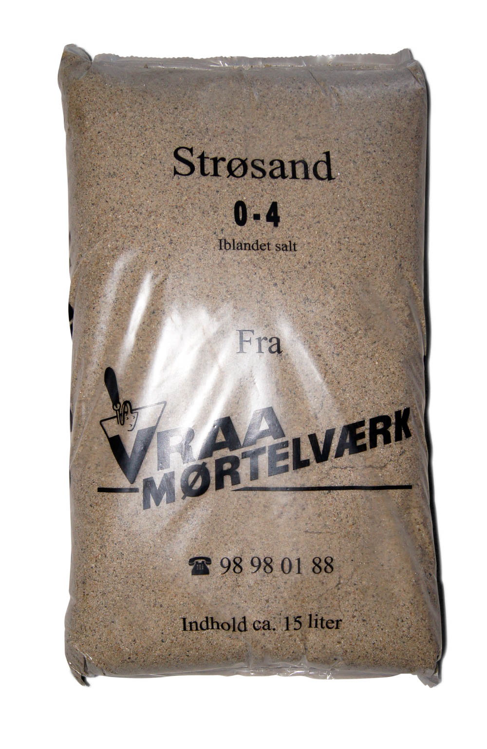 Strøsand 0-4 mm med salt, 15 liter Pose med strøsand 0-4 mm iblandet salt, 15 l