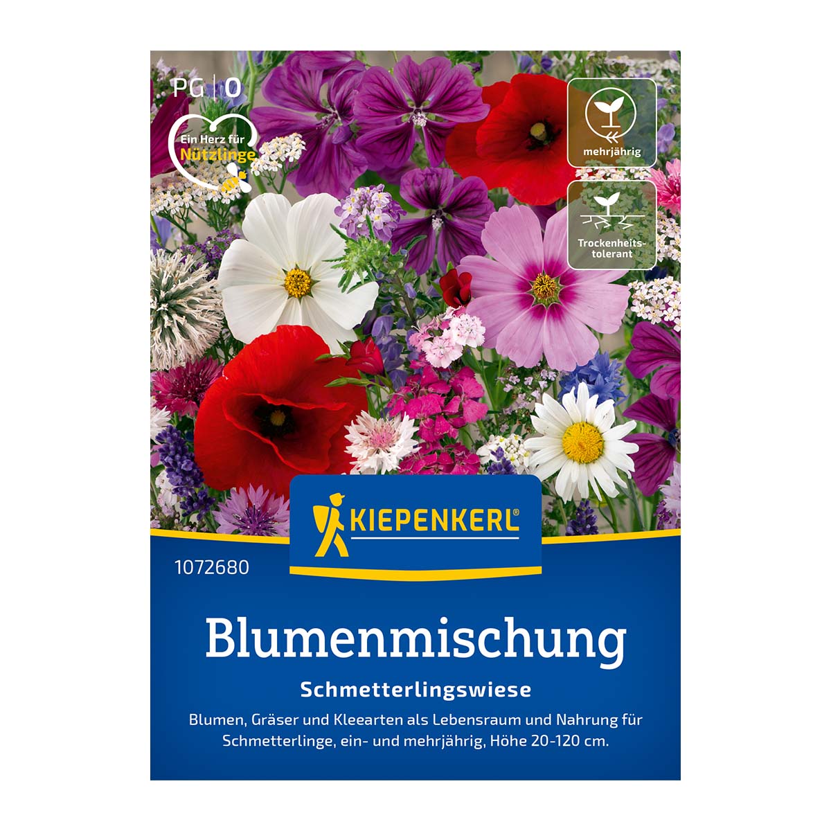 Pakke med Kiepenkerl Blomsterblanding 'Sommerfugleeng' vist med farverige blomster; frømix til 5-8 m², flerårig blanding der tiltrækker sommerfugle og andre bestøvere