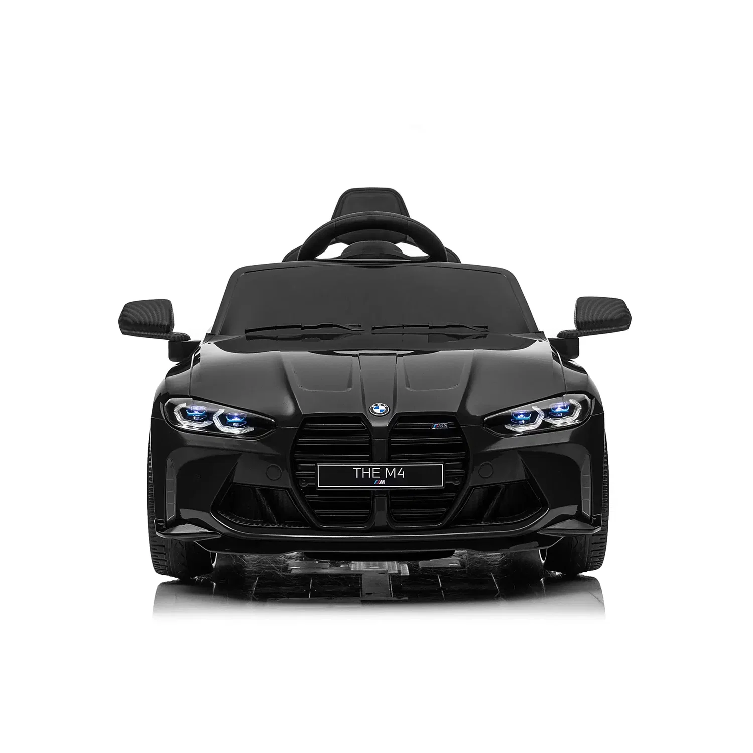 Frontvisning af sort Elbil BMW M4 til børn fra Nordic Play – licenseret model med LED-lygter, Bluetooth, MP3-afspiller, fjernbetjening og 2 x 10,8V motor, anbefalet alder 3-8 år
