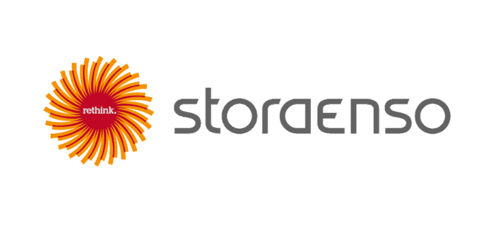 Logo for Stora Enso med orange, solformet blomst og lille rød cirkel med teksten 'rethink' i midten
