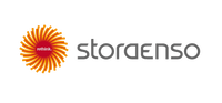 Stora Enso-logo med orange blomst og teksten 'storaenso' Logo for Stora Enso med orange, solformet blomst og lille rød cirkel med teksten 'rethink' i midten