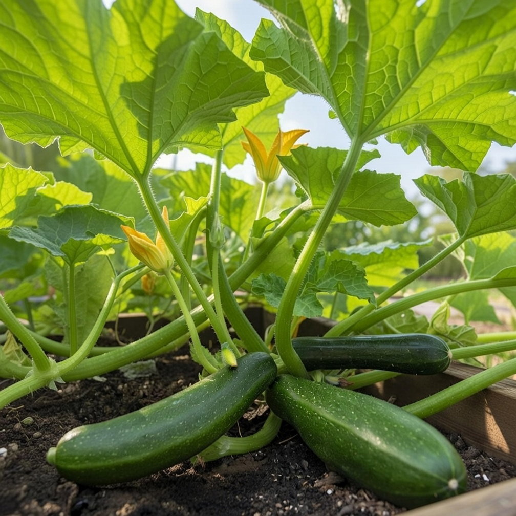 Dunja F1 squashplante med grønne blade og gule blomster samt mørkegrønne, kødfulde frugter på jordbed; økologiske frø fra Buzzy Organic, velegnet til stegning, bagning og suppe