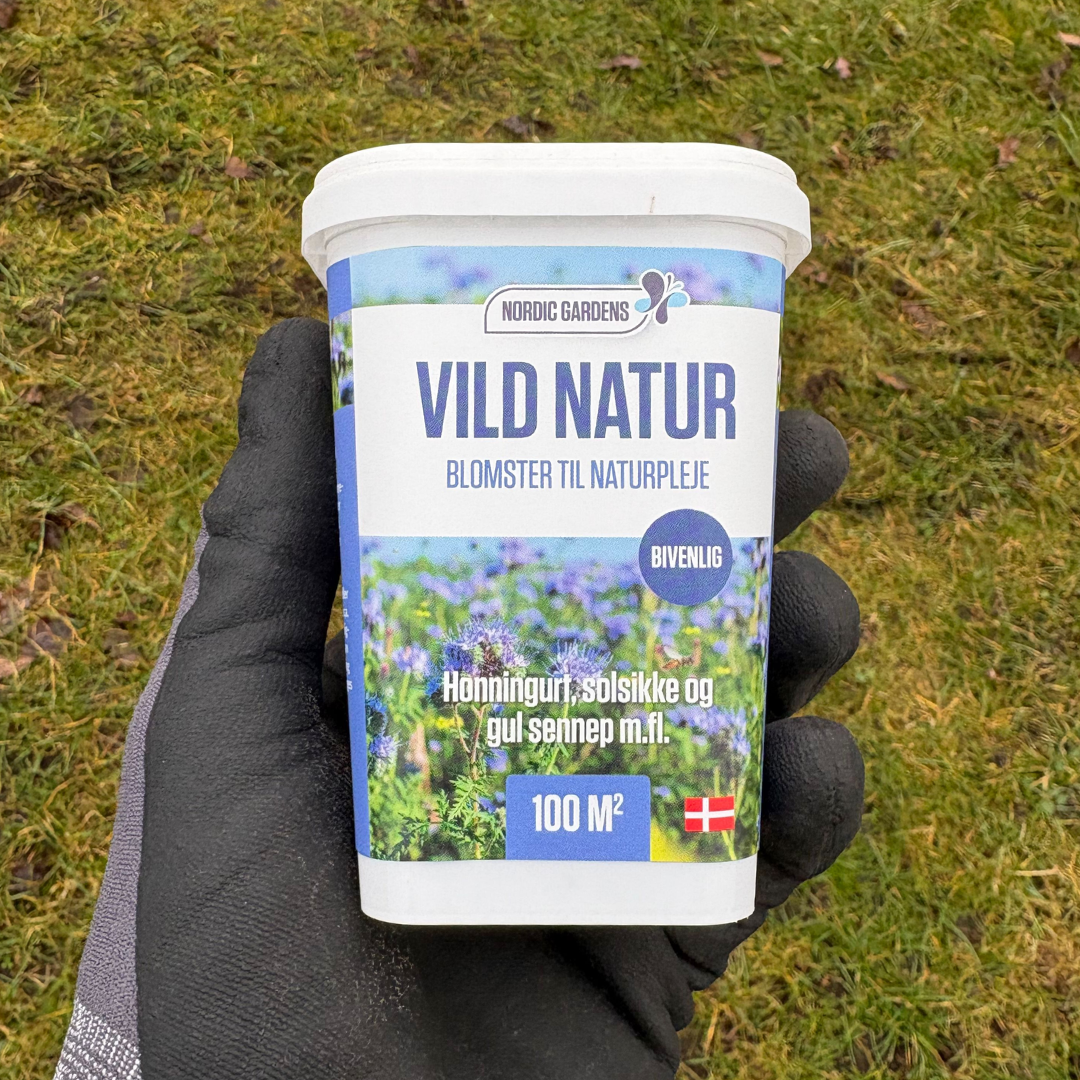 Nordic Gardens – Blomsterblanding Vild Natur 100 m² | Honningurt, solsikke & gul sennep Beholder med Nordic Gardens Blomsterblanding 'Vild Natur' 100 m² på græs; mix af honningurt, solsikke og gul sennep, giver blå/gule/hvide blomster, tiltrækker bier og insekter og forbedrer jordens mikroklima