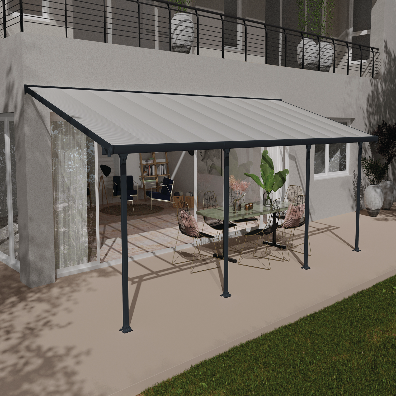Moderne terrasseoverdækning i antracitgrå Terrasseoverdækning i metal med spisebord og stole