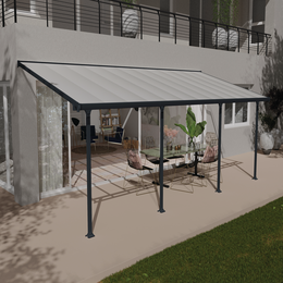 Moderne terrasseoverdækning i antracitgrå Terrasseoverdækning i metal med spisebord og stole