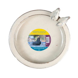 Rund fuglebad i keramik med to fuglefigurer Beigefarvet rundt fuglebad i keramik med fugle