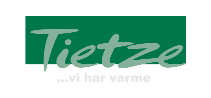 Tietze firmalogo med grøn rektangel i baggrunden og hvidt slogan '...vi har varme'