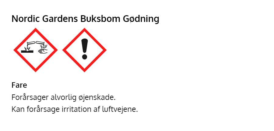 Nordic Gardens buksbomgødning advarselsikoner Advarselssymboler for Nordic Gardens buksbomgødning