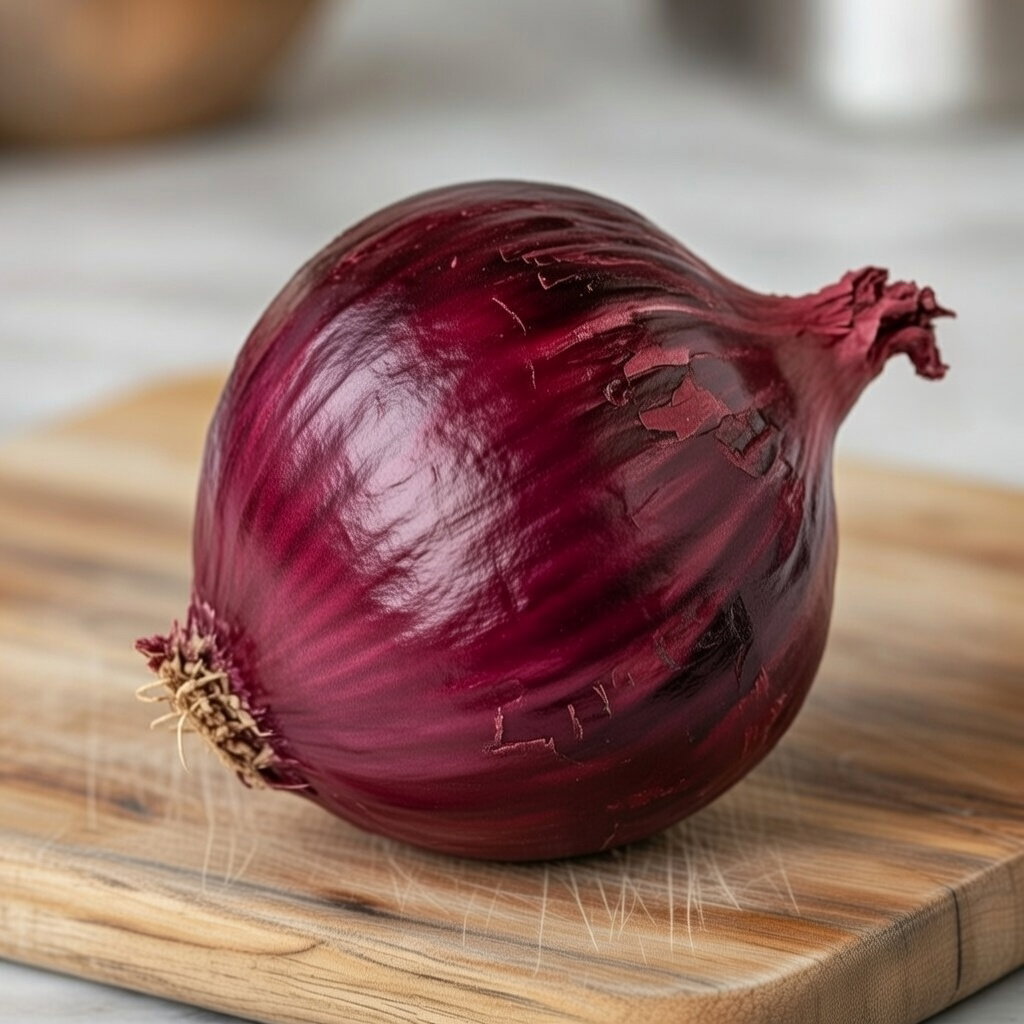 Rødløg 'Noordhollandse Blood Red' fra Horti Tops liggende på skærebræt; flad form og dyb rød farve, velegnet til rå i salater eller til syltning