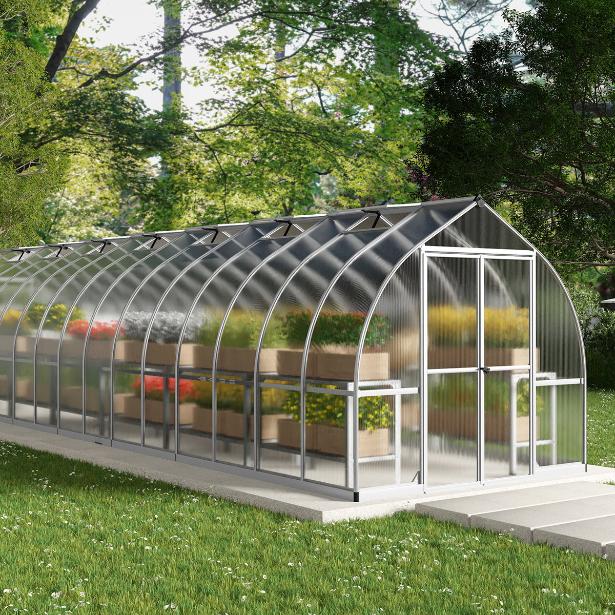 Drivhus Bella 22,5 m² i sølv fra Palram-Canopia, klokkeformet 2,4 m bredt design med rustfri aluminiumsramme, dobbeltdøre og hylder; dobbeltvæggede polycarbonatpaneler (6 mm tag/væg) for lys og isolering