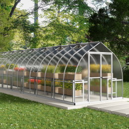 Drivhus Bella 22,5 m² i sølv fra Palram-Canopia, klokkeformet 2,4 m bredt design med rustfri aluminiumsramme, dobbeltdøre og hylder; dobbeltvæggede polycarbonatpaneler (6 mm tag/væg) for lys og isolering
