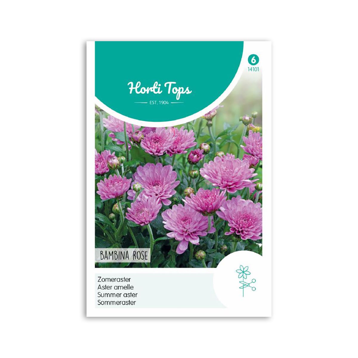 Sommer Asters frø 'Bambina Rose' – lyserøde fyldige blomster | Horti Tops Billede af Horti Tops frøpose til Sommer asters 'Bambina Rose' med mange lyserøde, fyldige blomster og gul midte. Velegnet som snitblomster og i bede eller potter. Placering: sol/halvskygge. Frø til såning fra marts–maj.