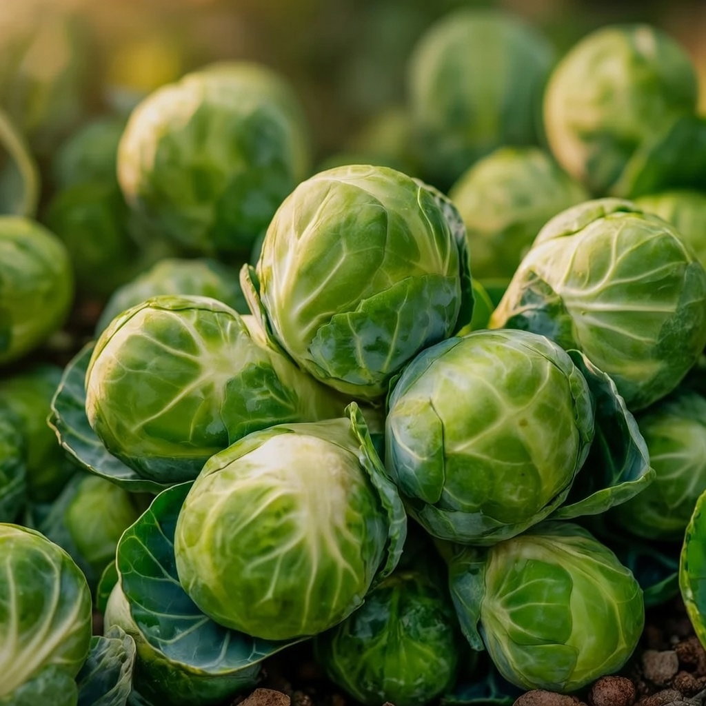 Nærbillede af friske grønne rosenkål - billede til produktet Økologisk rosenkål frø fra Buzzy Organic, velegnet til dyrkning i køkkenhaven