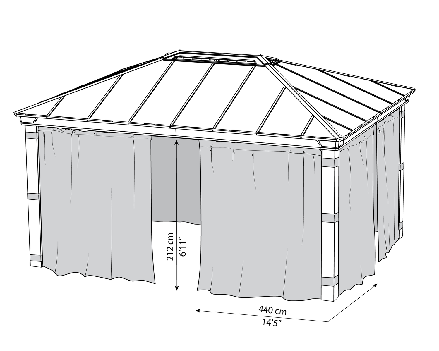 Pavillon 440x212 cm med gardiner Rektangulær pavillon 440x212 cm med gardiner