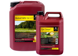 BioNutria BioGolf NPK og Star Classic gødning Røde dunke med BioGolf NPK 13-1-7 og Star Classic gødning