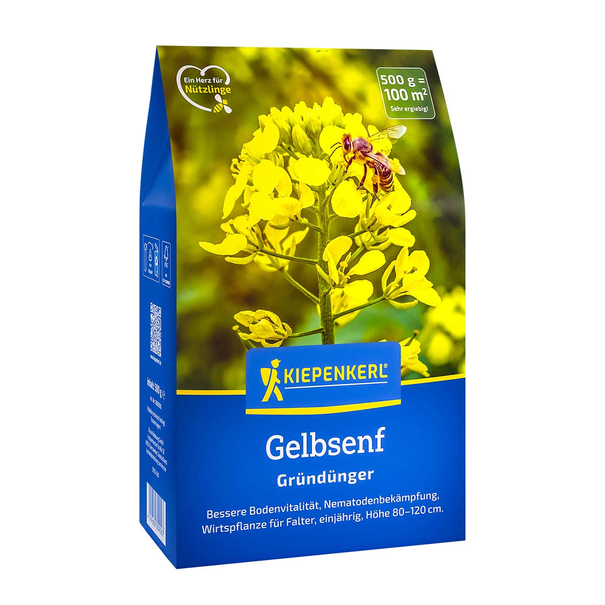 Pose med Kiepenkerl gul sennep frø (500 g = 100 m²) vist med gul sennepsblomst og bi; effektiv grøngødning der danner tæt plantedække, øger humus, løsner jorden og beskytter mod erosion