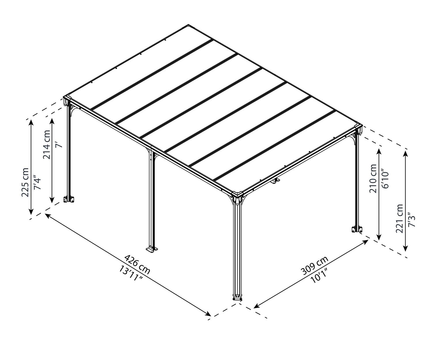 Terrasseoverdækning 426x309 cm, måltegning Måltegning af terrasseoverdækning 426x309 cm