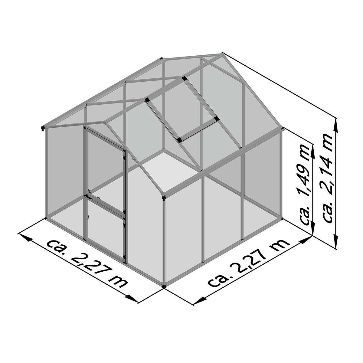 Illustration af drivhus 2,27 x 2,27 m med mål