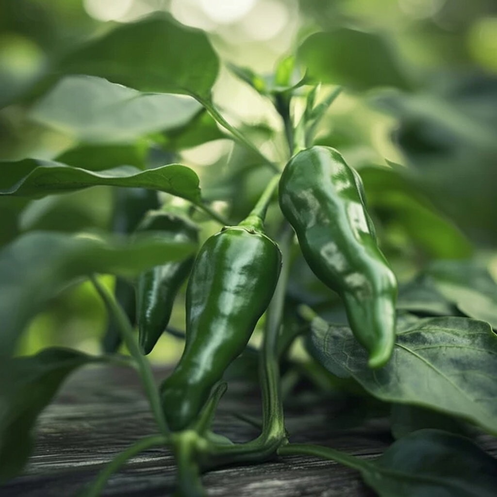 Økologiske Padron chili frø – Buzzy Organic | Mild til enkelte stærke frugter, op til 10 cm Nærbillede af grønne Padron-chilier på planten. Økologiske frø fra Buzzy Organic til pimientos de padron, mild men nogle gange stærk (500–3.000 Scoville), bliver omkring 10 cm lange.